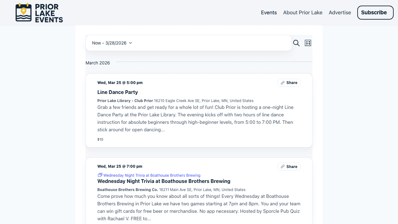 Prior Lake Events screenshot